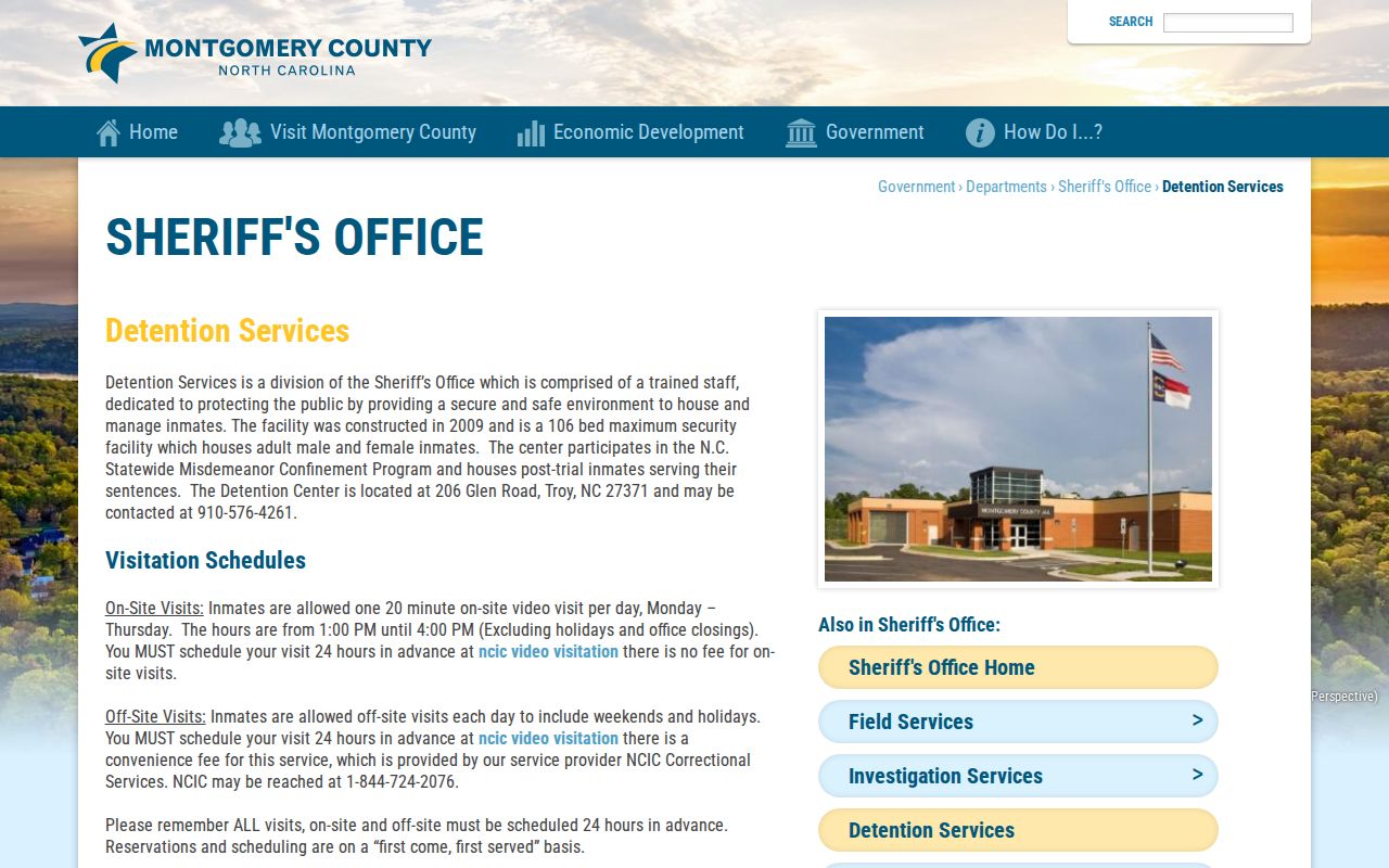 Official Montgomery County Detention Services page with address and capacity