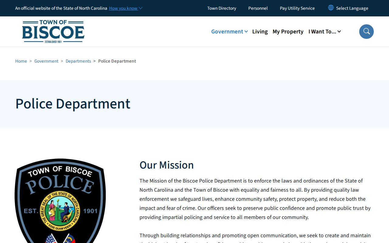 Official Biscoe Police Department page with contact and accident report link