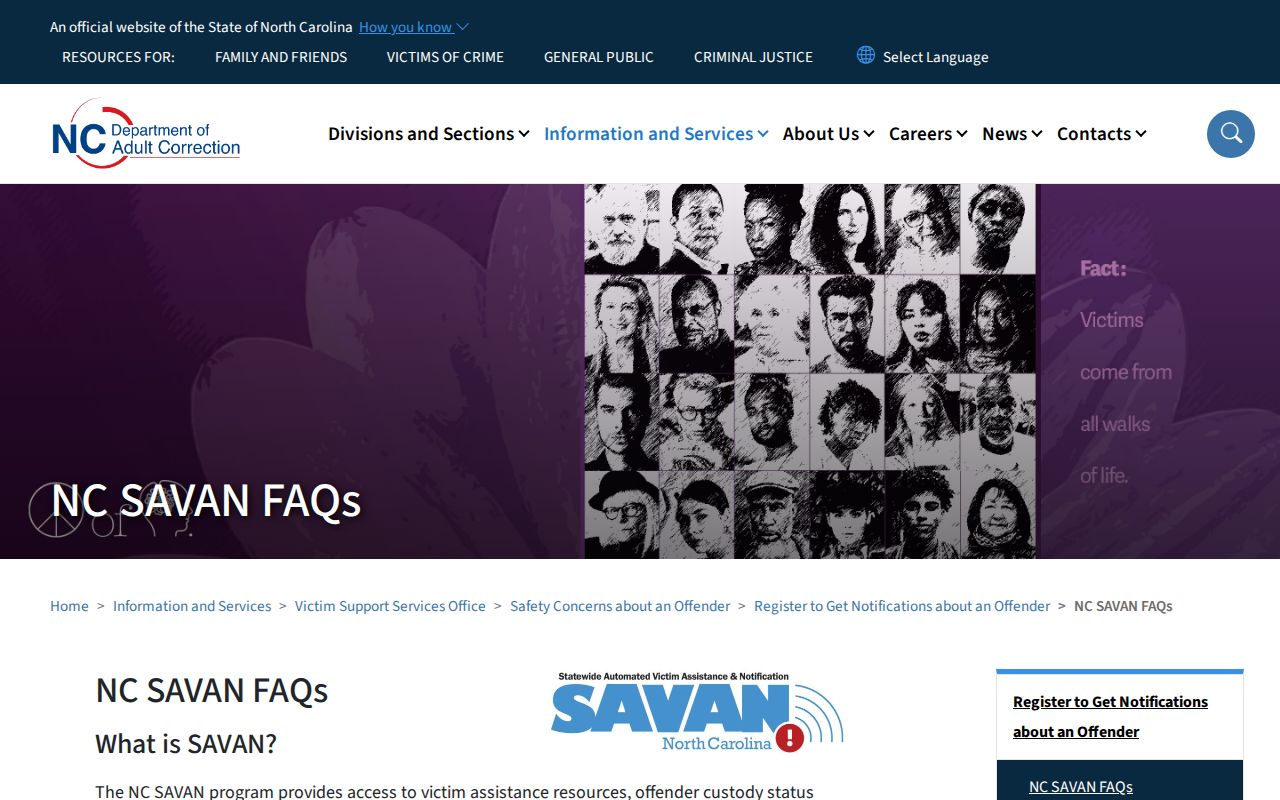 Official NC SAVAN FAQ explaining notification registration and custody alert rules