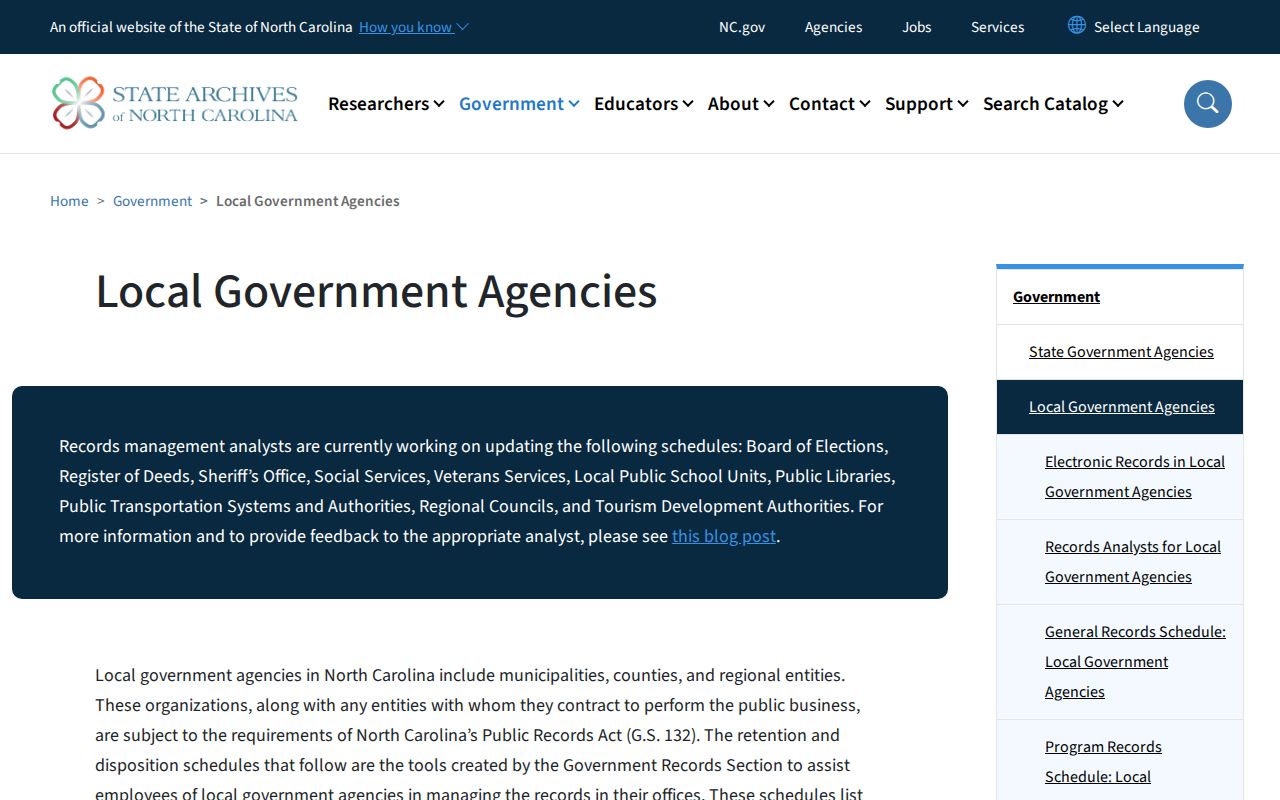North Carolina State Archives local records schedule directory