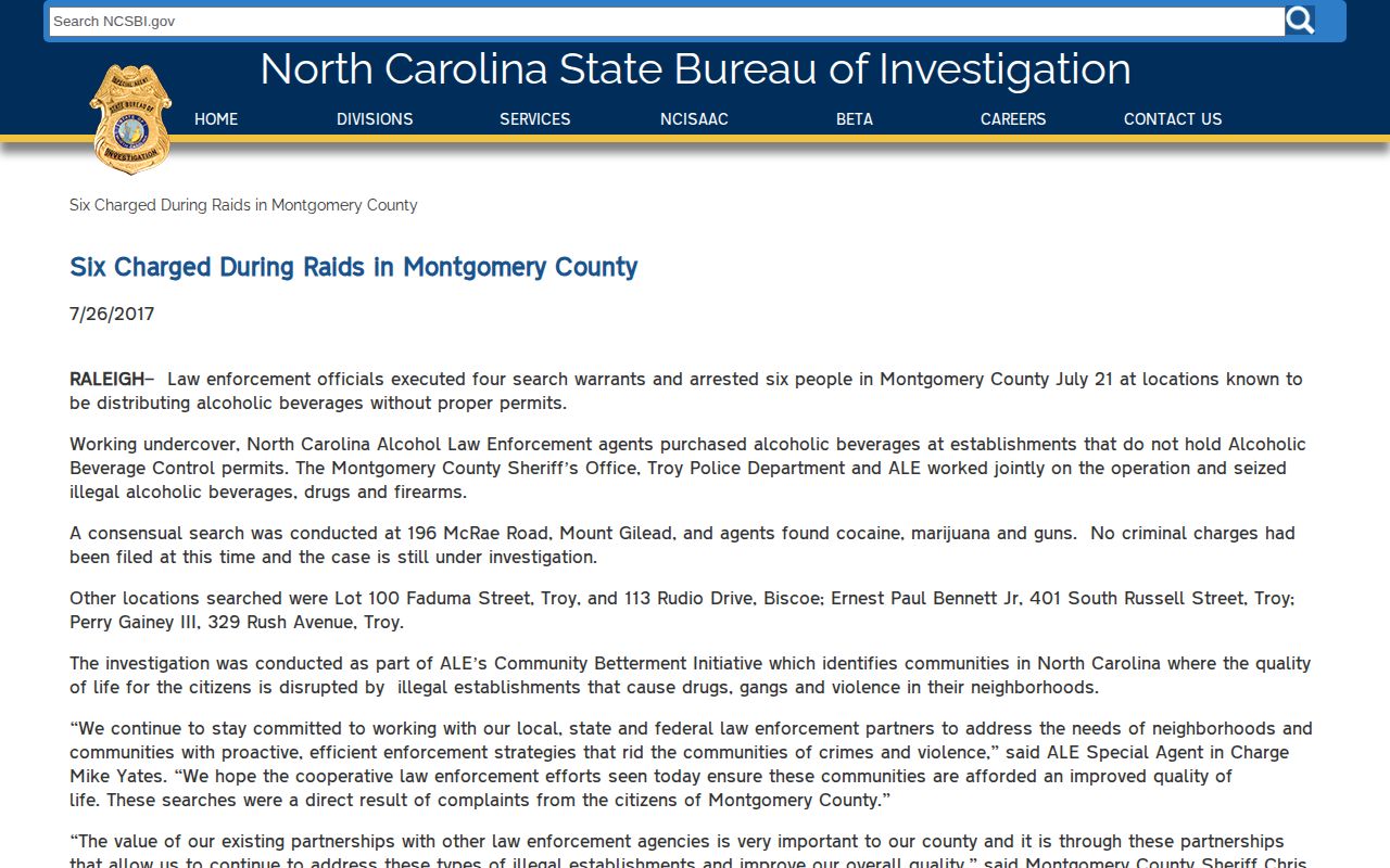 NCSBI historical Montgomery County multi-town arrest release