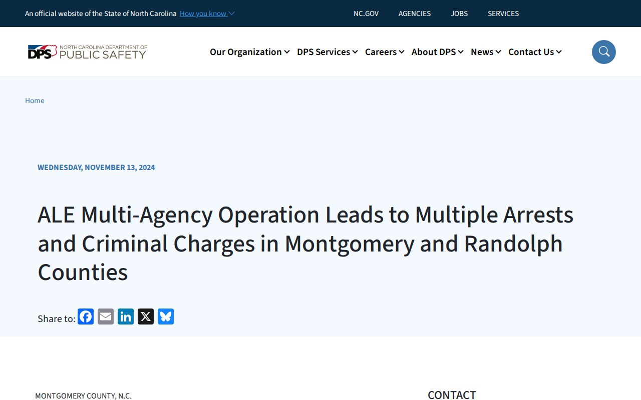 North Carolina DPS release about a Montgomery County multi-agency operation